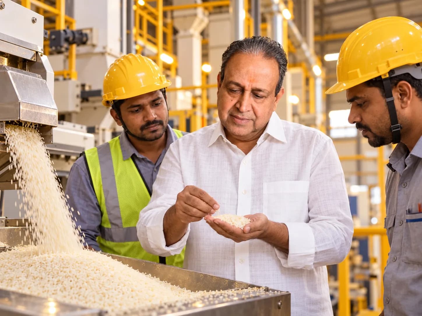 Bajrang Khaitan checking a sample of milled rice with the plant team