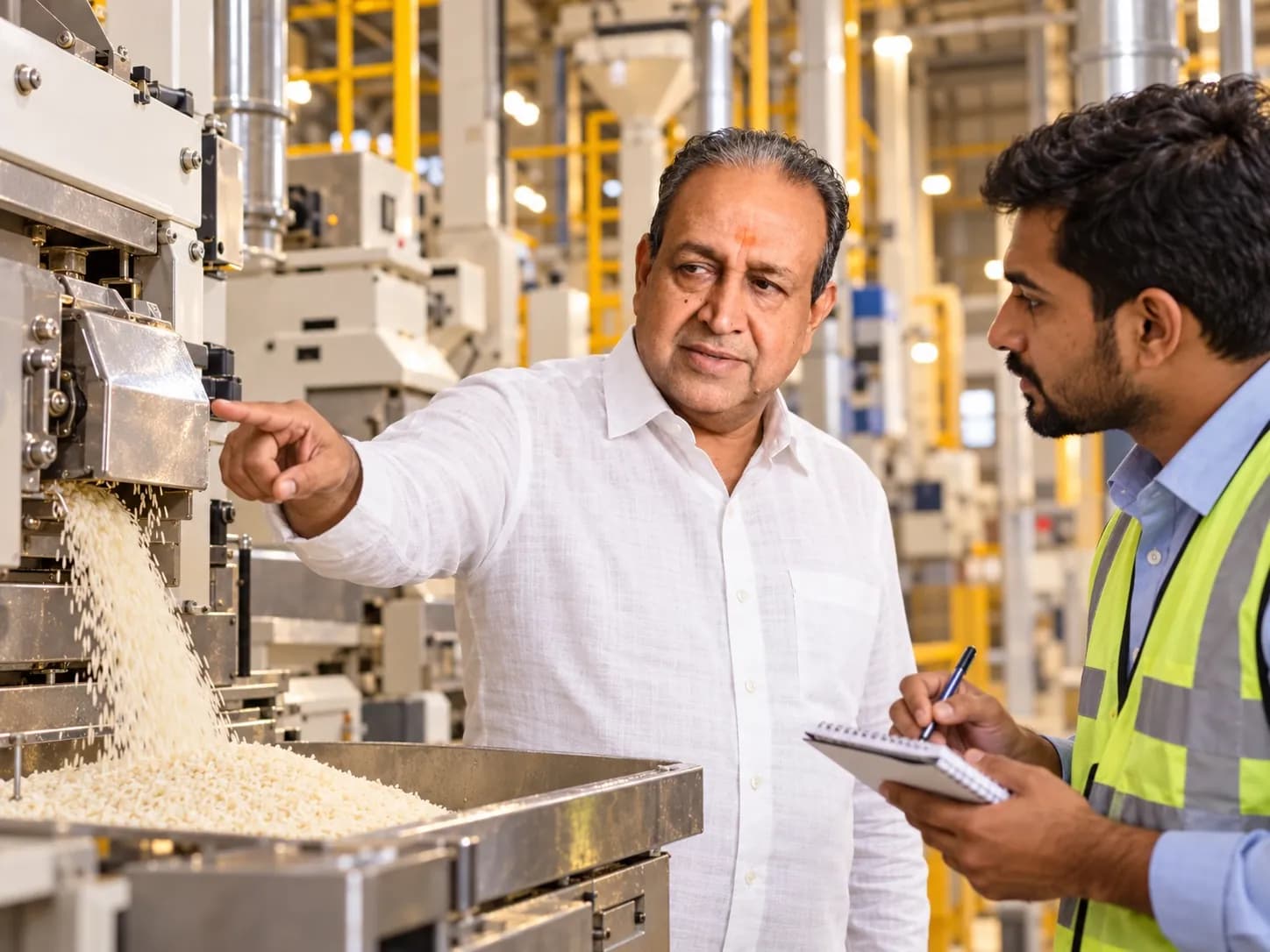 Bajrang Khaitan discussing machinery with a mill engineer on site