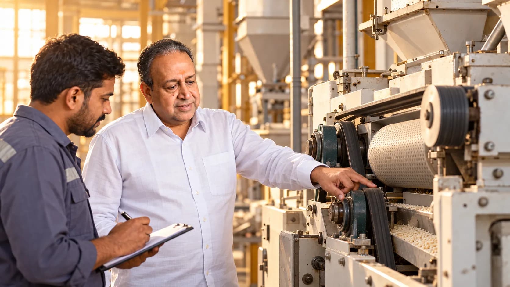 Bajrang Khaitan reviewing a milling machine with the maintenance team
